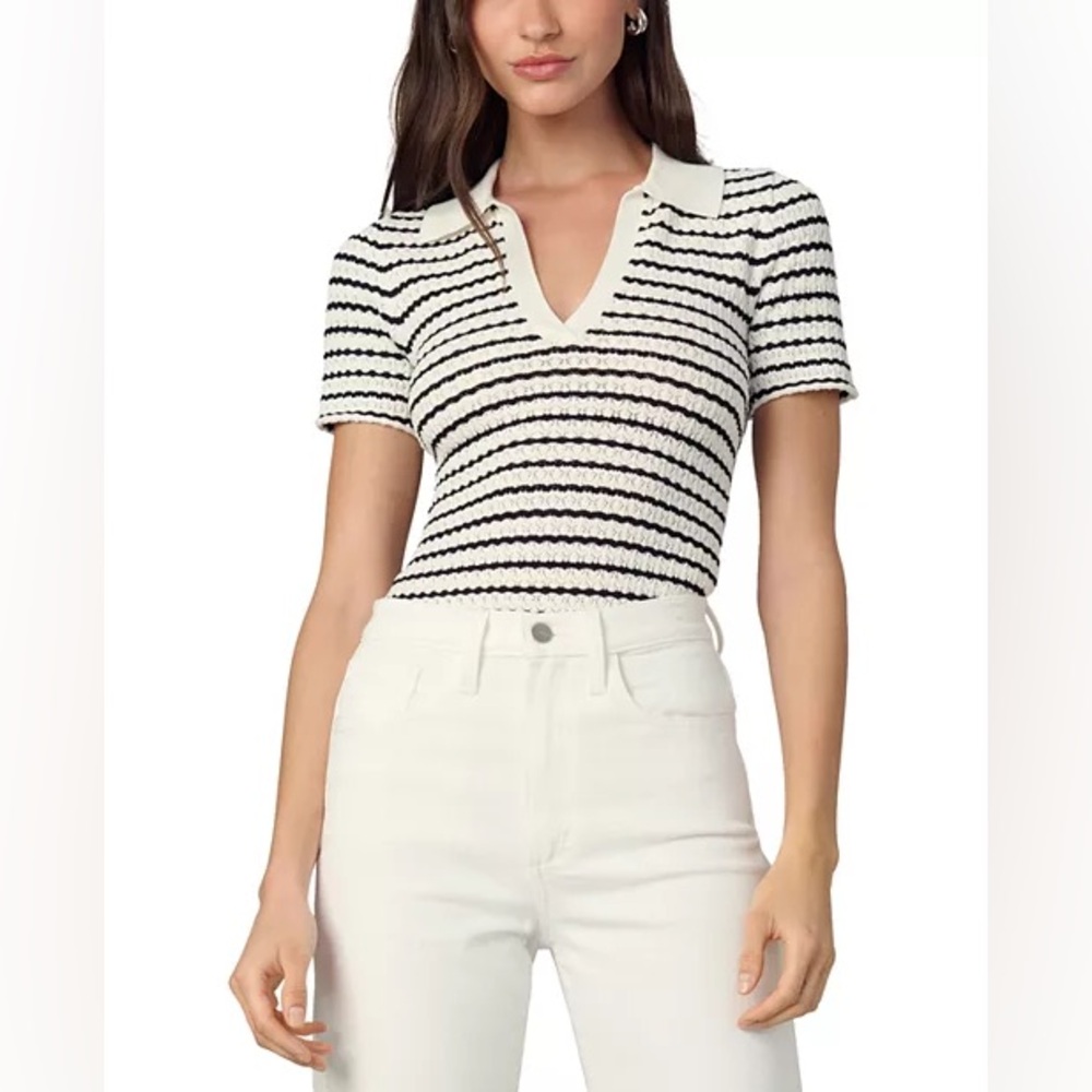 Joe's Jeans Black & White Striped Jess Pointelle Polo Short Sleeve Shirt Small